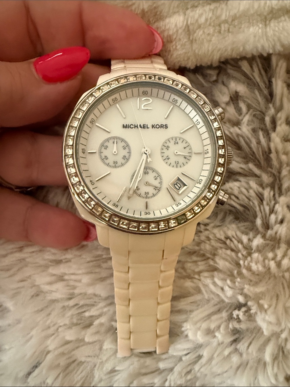 Michael Kors Cream Ceramic Crystal Accent Chronograph Watch